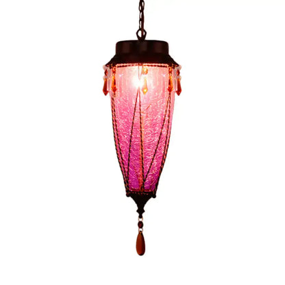 DecorBites™ vibrant pink textured glass pendant light with dark metal frame and amber beads for vintage restaurant lighting