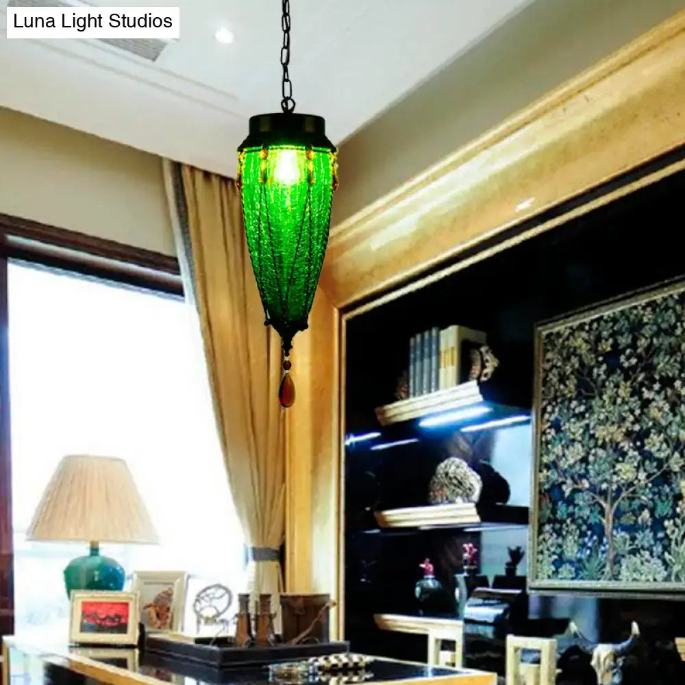 Decorbites conical glass pendant light fixture vintage style with green beads and black metal frame for restaurant lighting