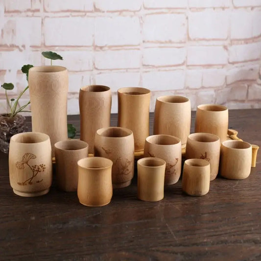 A vintage engraved bamboo drinking cup set featuring natural bamboo cups with delicate floral designs for decorbites tea drinkware