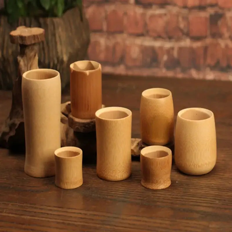 Set of vintage engraved natural bamboo drinking cups in various sizes perfect for decorbites bamboo drinking cup set