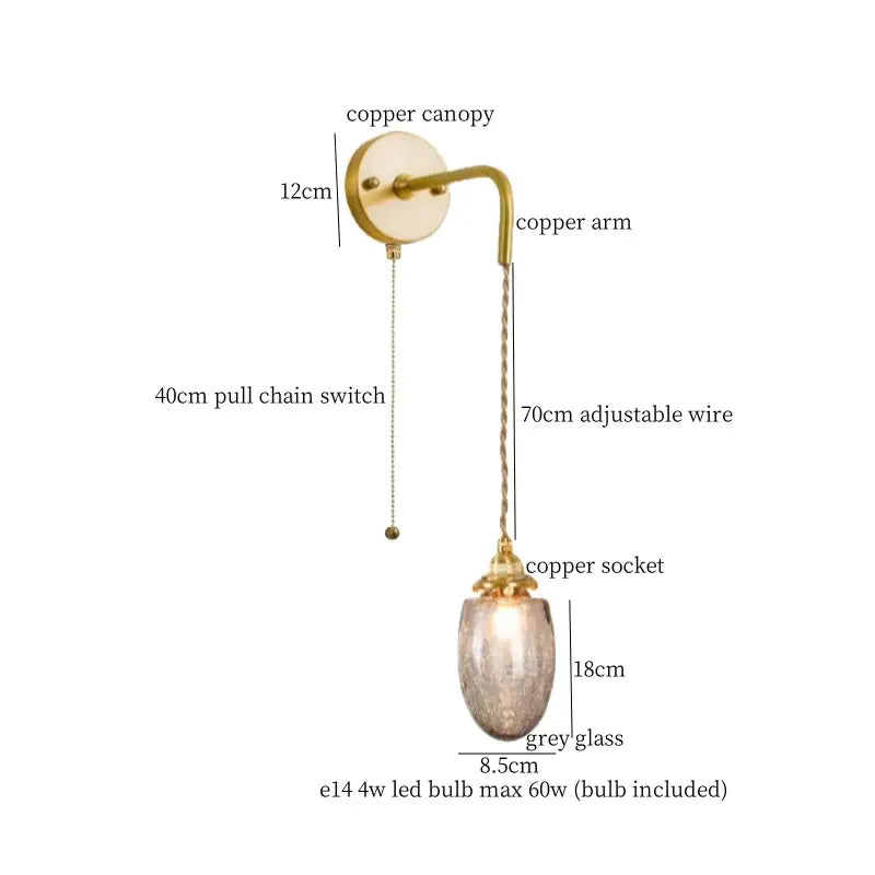 Copper finished vintage etched grey glass led wall lamp with adjustable wire and pull chain switch for bedroom decorbites grey glass
