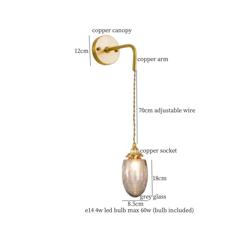 A vintage etched grey glass led wall lamp with copper adjustable wire and brass sconce for bedroom decorbites grey glass