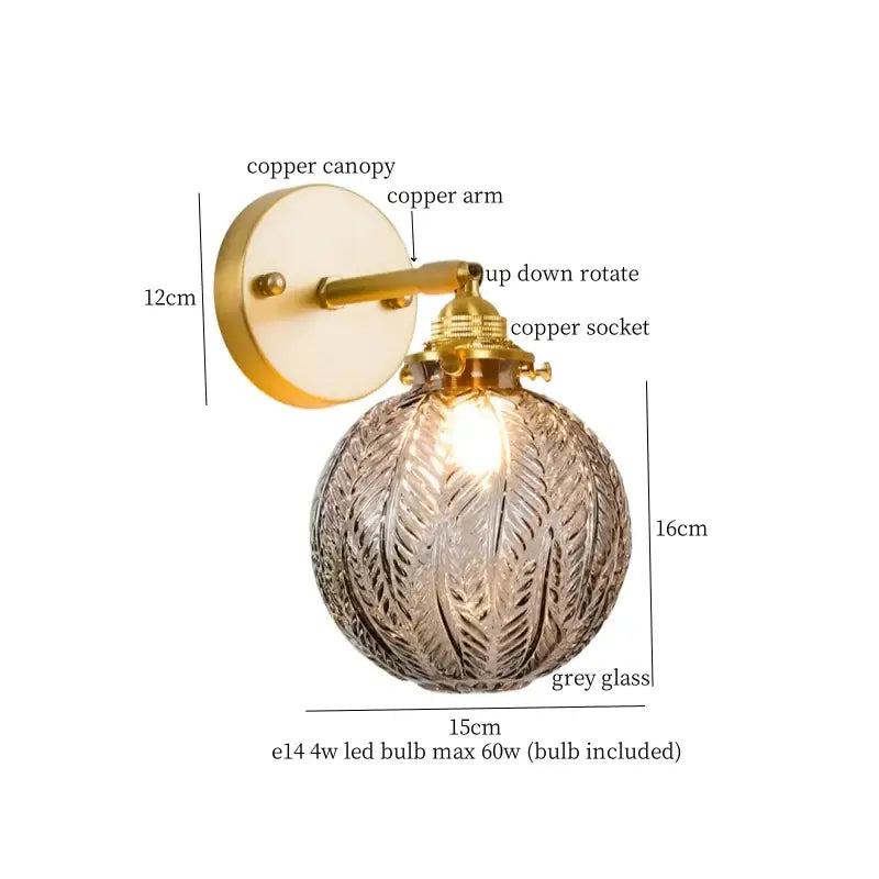 Vintage etched grey glass led wall lamp with spherical grey glass shade and adjustable brass arm for bedroom decorbites gray glass