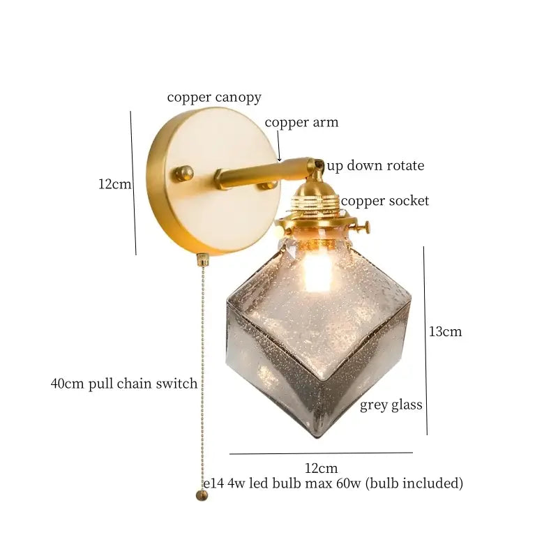 Vintage etched grey glass led wall lamp with brass sconce and faceted decorbites grey glass shade for bedroom decor