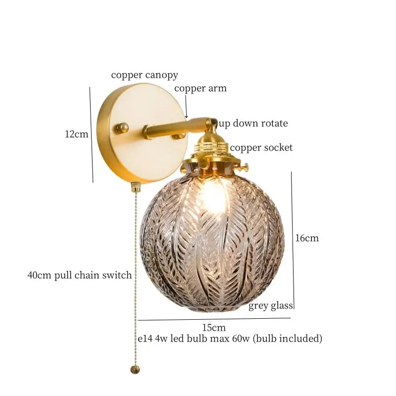 Vintage etched grey glass led wall lamp with brass sconce and decorbites grey glass globe for warm bedroom lighting