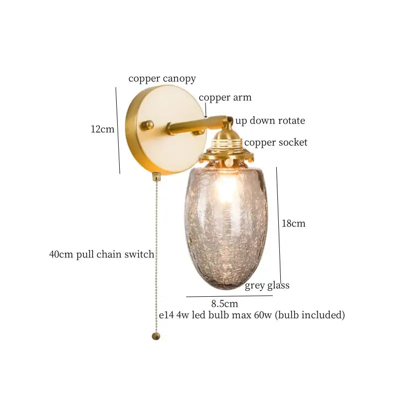 Vintage etched grey glass led wall lamp with copper canopy and brass sconce featuring decorbites grey glass shade