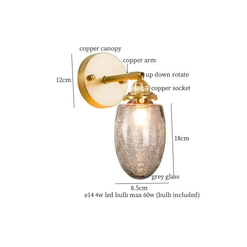 Vintage etched grey glass led wall lamp with textured grey glass shade and polished copper decorbites grey glass sconce