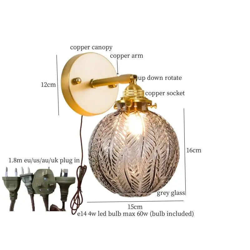 Vintage etched grey glass led wall lamp with leaf etchings and brass copper mount for bedroom decorbites grey glass sconce