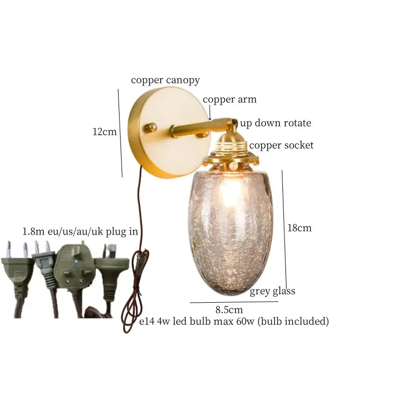 Vintage etched grey glass led wall lamp with copper canopy and oval decorbites grey glass shade for bedroom brass sconce