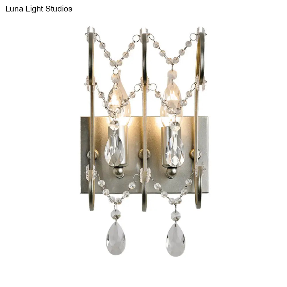Vintage Exposed Sconce with Metallic Chrome Finish, Clear Crystal Beads, and 2 Bulbs for Living Room Wall Mount Light