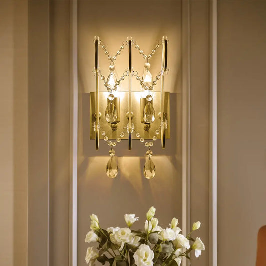 Vintage Exposed Sconce with Metallic Chrome Finish, Clear Crystal Beads, and 2 Bulbs for Living Room Wall Mount Light