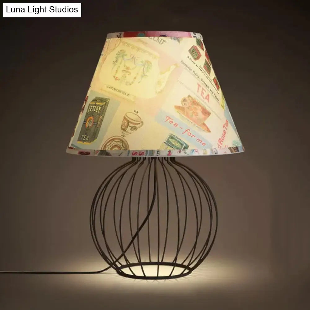 Vintage Fabric Black Nightstand Light with Orb Cage Base - Elegant Desk Lighting for Living Room and Bedrooms