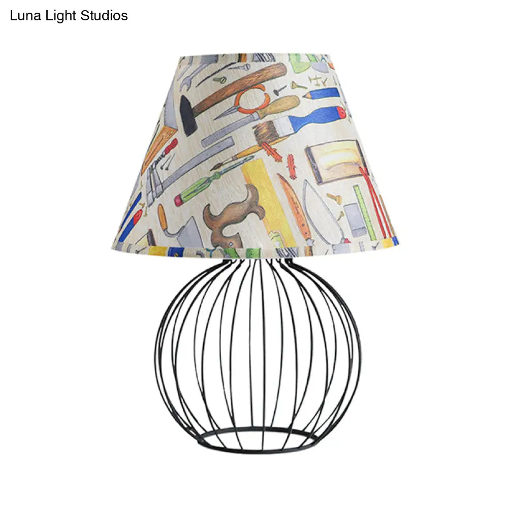 Vintage Fabric Black Nightstand Light with Orb Cage Base - Elegant Desk Lighting for Living Room and Bedrooms