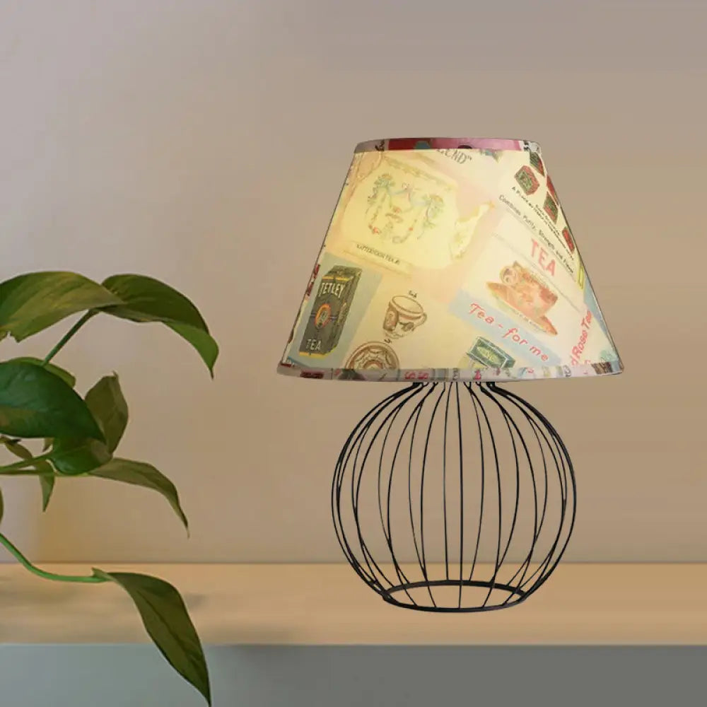 Vintage Fabric Black Nightstand Light with Orb Cage Base - Elegant Desk Lighting for Living Room and Bedrooms