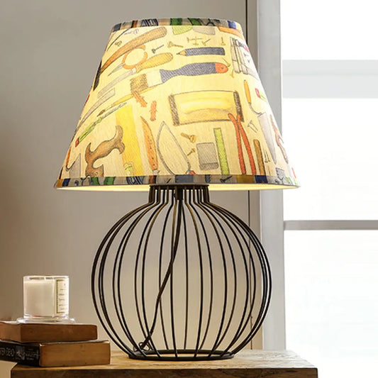 Vintage Fabric Black Nightstand Light with Orb Cage Base - Elegant Desk Lighting for Living Room and Bedrooms