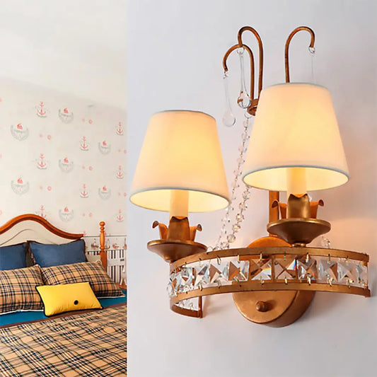 Vintage Fabric Cone Wall Lamp with Crystal Accent and Brass Finish - 2 Bulbs Included