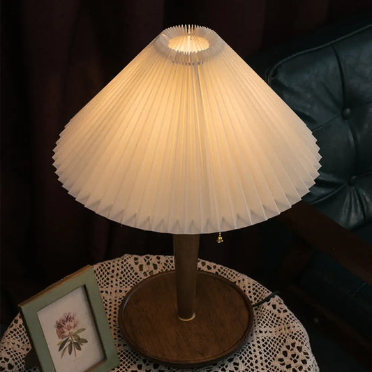 Vintage Fabric Fluted Cone Table Light with Wooden Base and Pull Chain - Ideal for Bedroom Reading - Dark Wood Finish