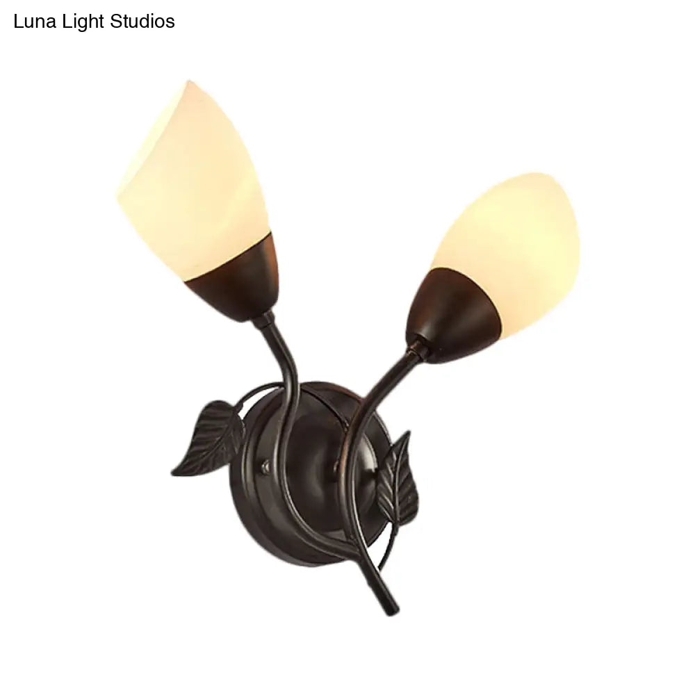 Vintage Faceted Glass Flaring Bedside Sconce Light Fixture - Black Wall Mount, 2-Bulb Illumination