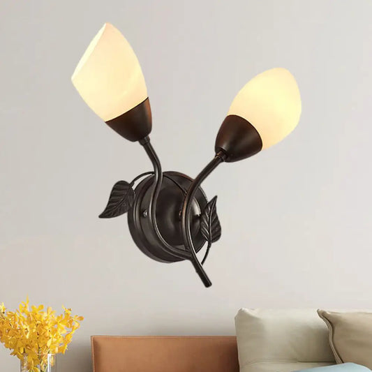 Vintage Faceted Glass Flaring Bedside Sconce Light Fixture - Black Wall Mount, 2-Bulb Illumination