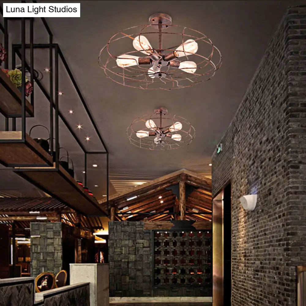 Vintage Fan Shaped 5-Light Iron Ceiling Light with Wire Cage Shade - Semi Flush Mount in Rust/Black, Ideal for Living Room
