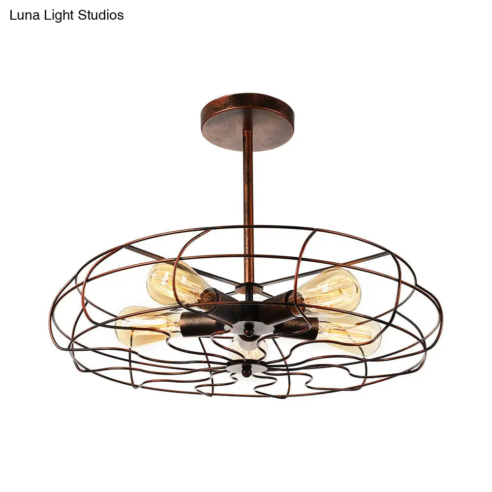 Vintage Fan Shaped 5-Light Iron Ceiling Light with Wire Cage Shade - Semi Flush Mount in Rust/Black, Ideal for Living Room