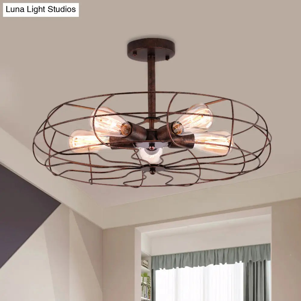 Vintage Fan Shaped 5-Light Iron Ceiling Light with Wire Cage Shade - Semi Flush Mount in Rust/Black, Ideal for Living Room