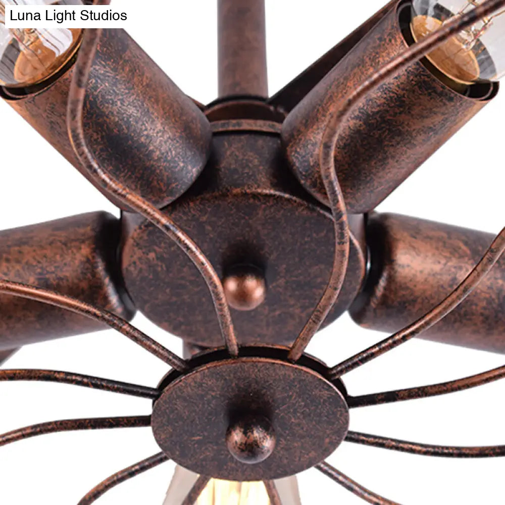 Vintage Fan Shaped 5-Light Iron Ceiling Light with Wire Cage Shade - Semi Flush Mount in Rust/Black, Ideal for Living Room