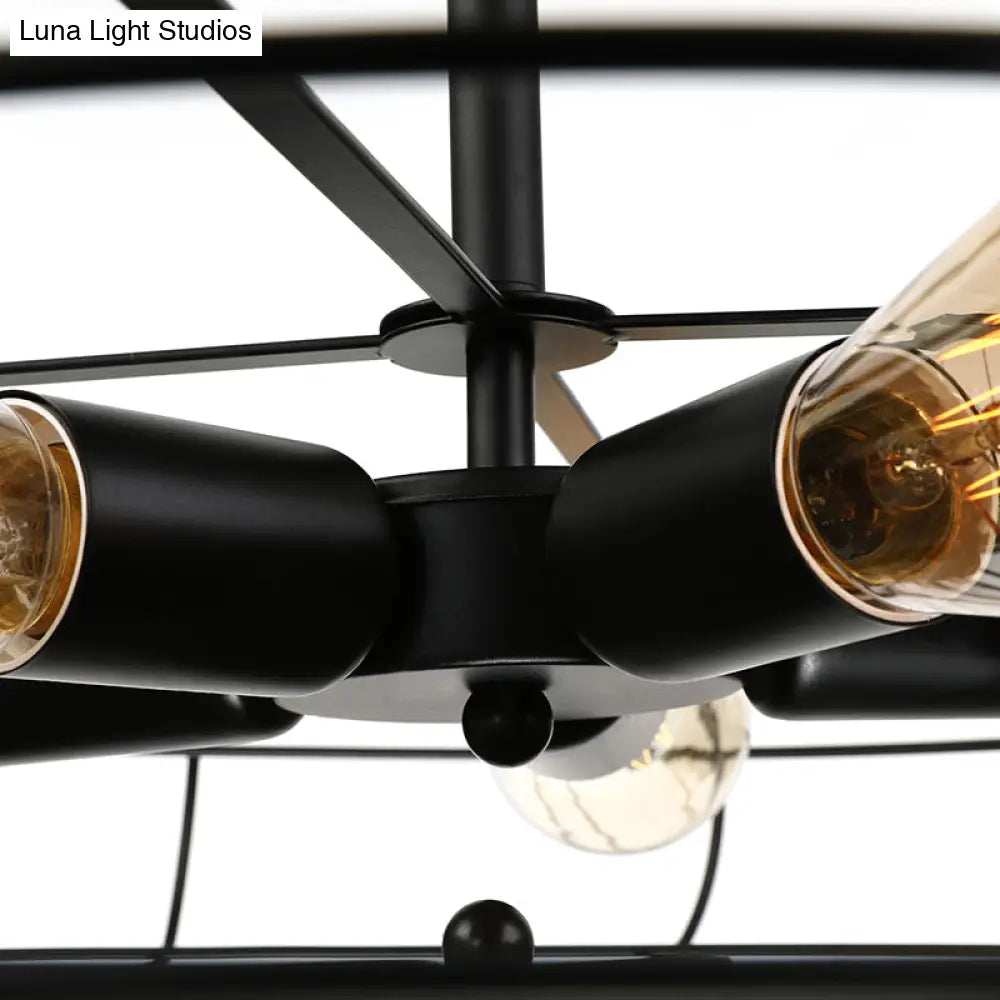 Vintage Fan Shaped 5-Light Iron Ceiling Light with Wire Cage Shade - Semi Flush Mount in Rust/Black, Ideal for Living Room