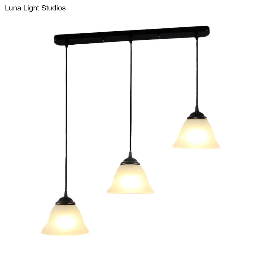 Vintage Flared White Glass Pendant Light Fixture for Dining Room, with 3-Light Multi Pendant Design and Linear Canopy