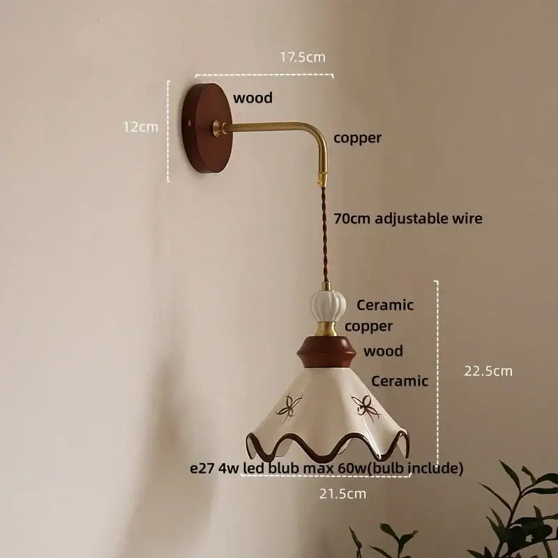A vintage floral ceramic led wall light with white and brown ceramic led wall decorbites design and wooden pull chain mount
