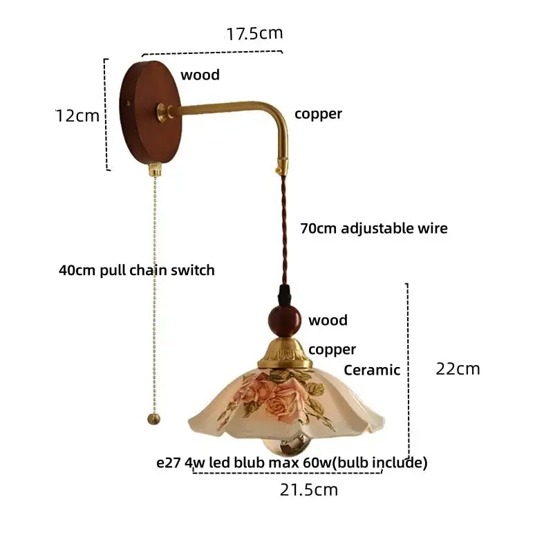 Vintage floral ceramic led wall light with wooden backplate copper arm and pink rose decorbites ceramic led shade