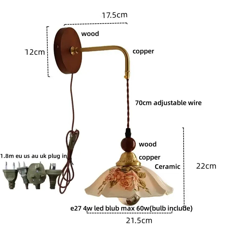 Vintage floral ceramic led wall light with wooden base copper arm and ceramic led wall shade decorated with painted roses