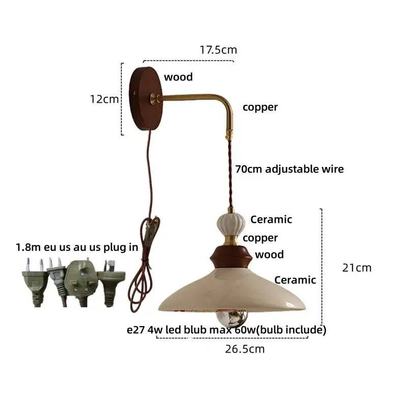 Cream-colored ceramic led wall light with wooden copper bracket and adjustable wire for height decorbites ceramic led decor
