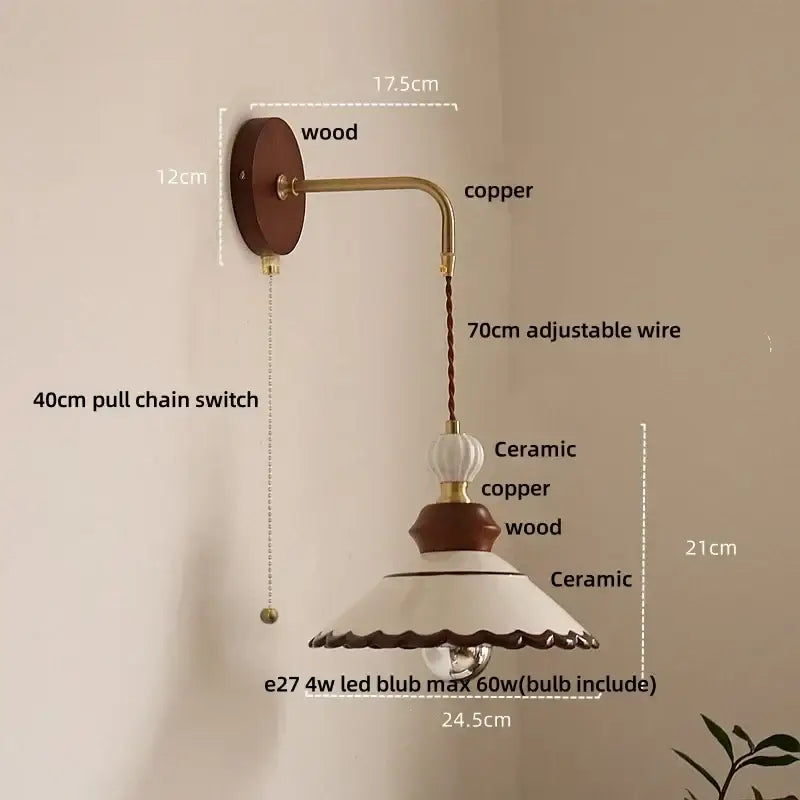 A rustic vintage floral ceramic led wall light with wooden backplate copper arm and white scalloped ceramic shade for bedroom decorbites ceramic led wall