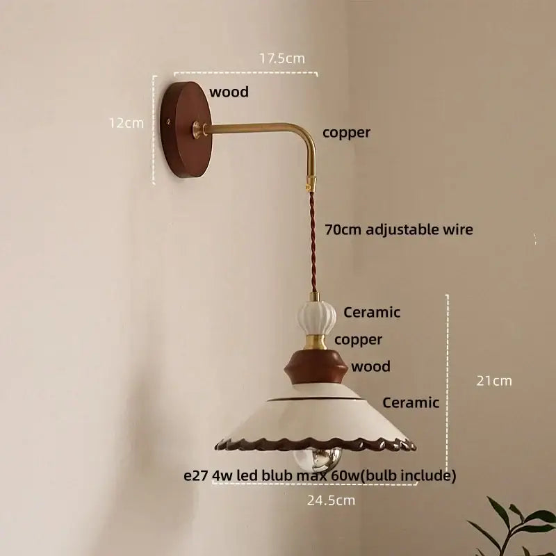 Vintage floral ceramic led wall light with wooden base, copper arm, and white ceramic led wall shade with brown trim for bedroom decorbites ceramic led