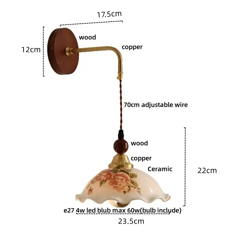 Vintage floral ceramic led wall light with wooden backplate copper arm and off-white floral ceramic shade decorbites ceramic led