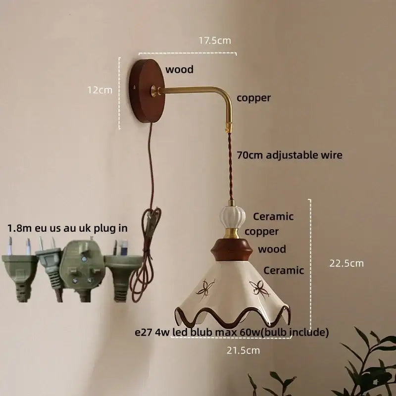 Vintage floral ceramic led wall light with wooden base, copper arm, and butterfly-decorated ceramic shade for bedroom decorbites ceramic led wall