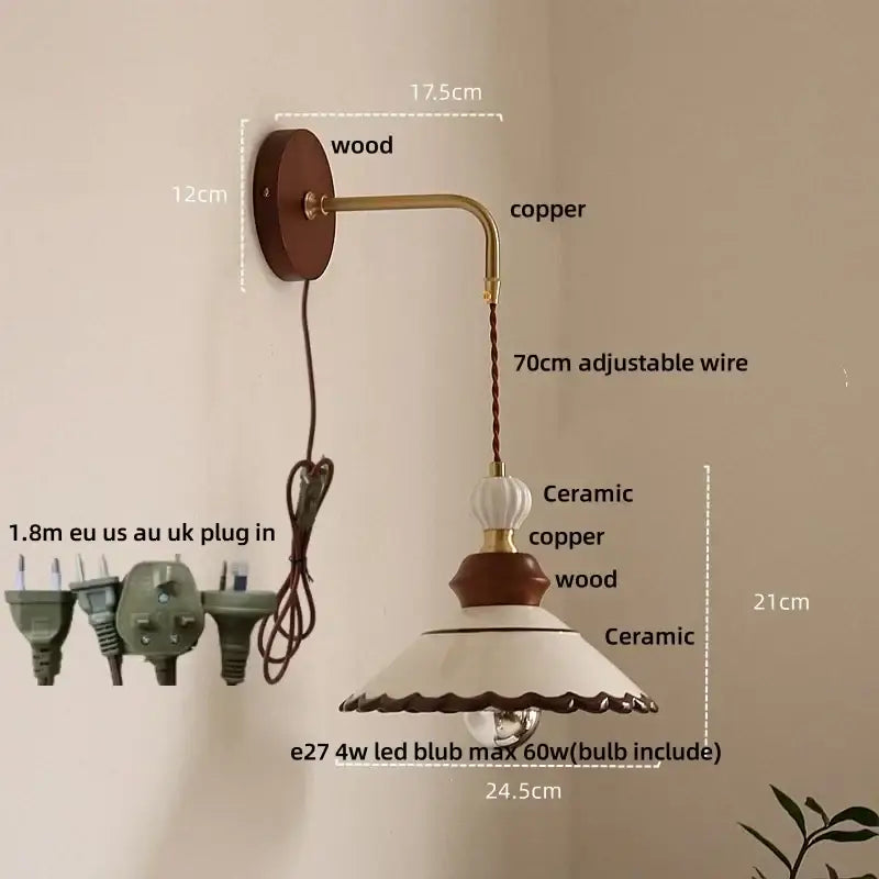 Vintage floral ceramic led wall light with wooden base copper arm white ceramic shade brown trim decorbites ceramic led