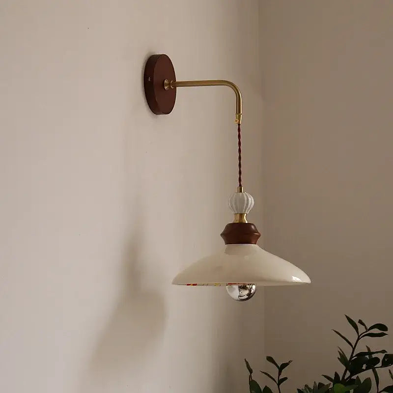 Vintage floral ceramic led wall light with brass arm, dark wood decorbites ceramic led wall light for bedroom decor