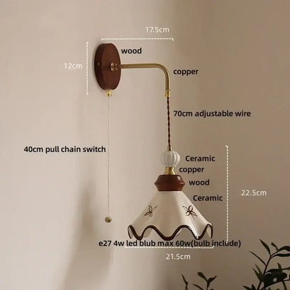 Vintage floral ceramic led wall light with dark wood base copper arm and white ceramic shade with brown butterflies decorbites ceramic led