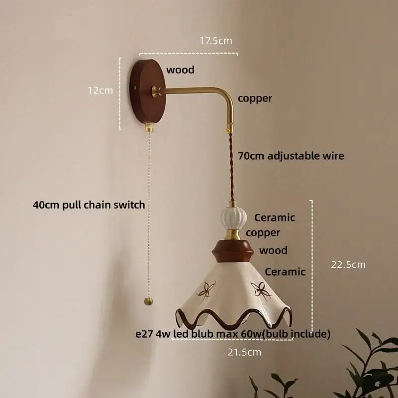 Vintage floral ceramic led wall light with dark wood base copper arm and white ceramic shade with brown butterflies decorbites ceramic led