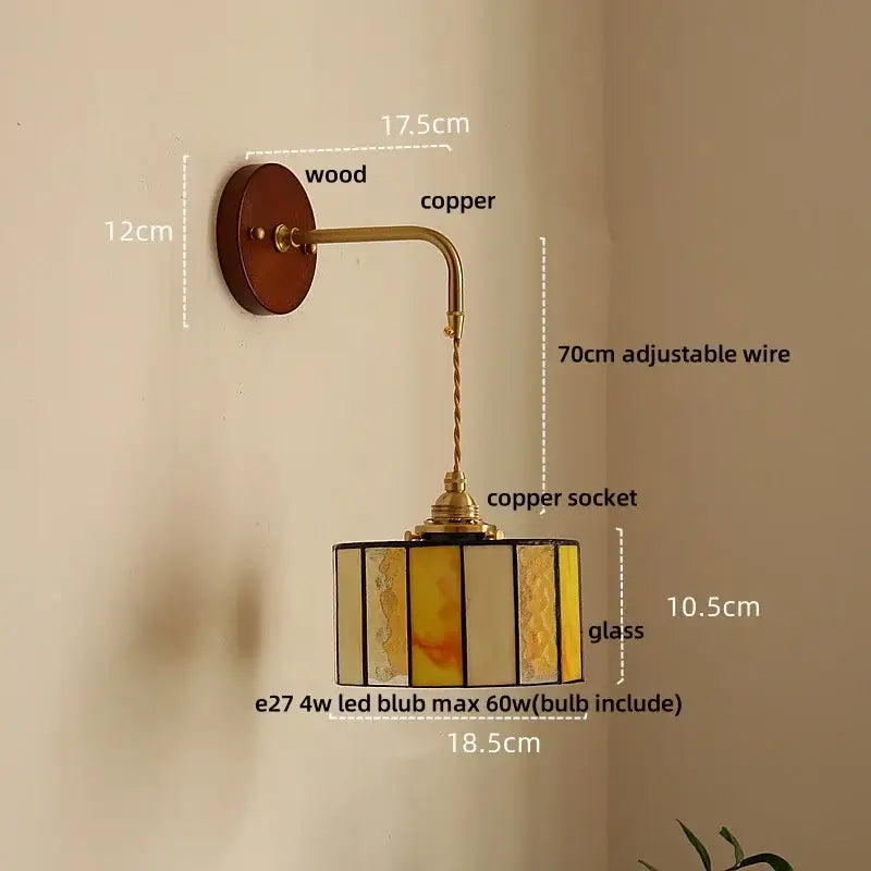 Vintage floral ceramic led wall light with wooden backplate copper arm and amber cream stained glass shade decorbites ceramic led