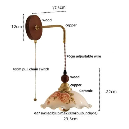 Vintage floral ceramic led wall light with wooden base copper accents and delicate pink floral ceramic shade decorbites ceramic led