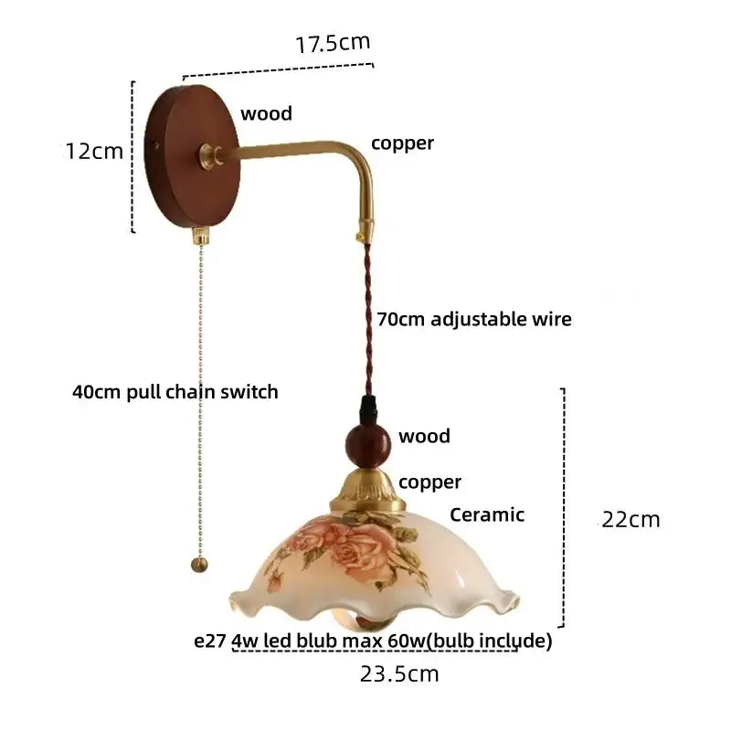 Vintage floral ceramic led wall light with wooden base copper accents and delicate pink floral ceramic shade decorbites ceramic led