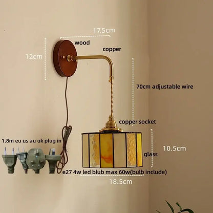 Vintage floral ceramic led wall light with wooden backplate copper arm and amber cream stained glass shade decorbites ceramic led