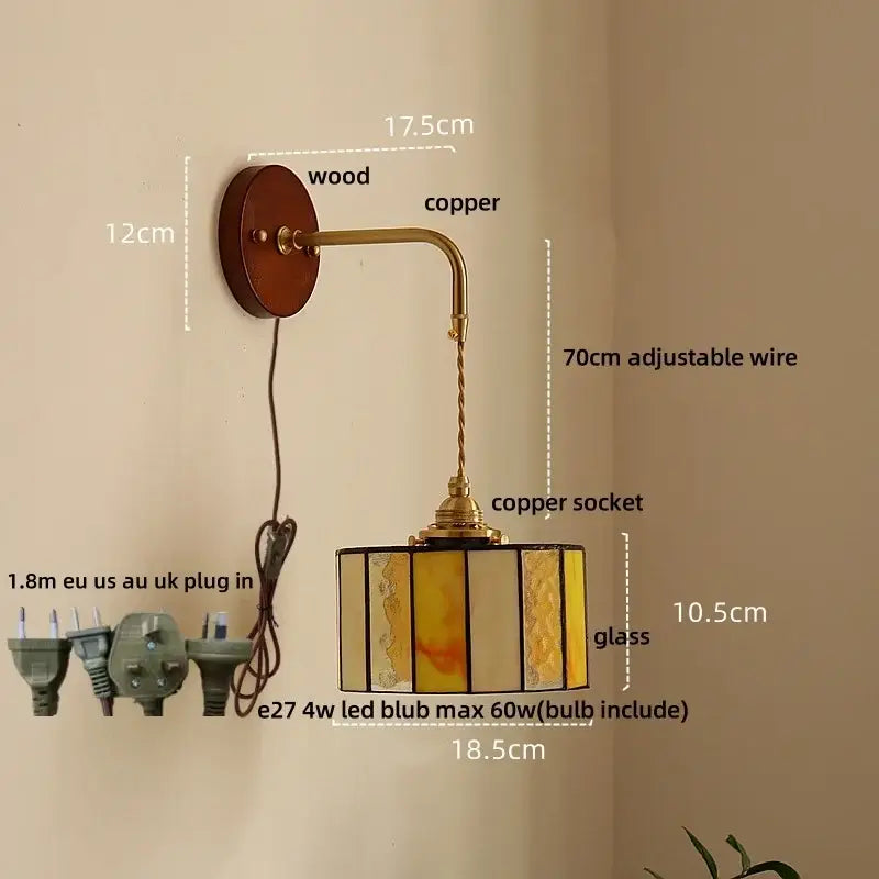 Vintage floral ceramic led wall light with wooden backplate copper arm and amber cream stained glass shade decorbites ceramic led