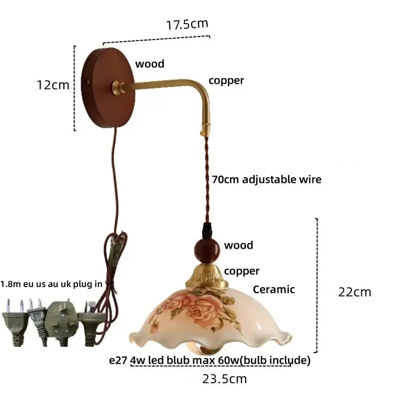 Vintage floral ceramic led wall light with wooden base copper arm and pink floral shade for bedroom decorbites ceramic led