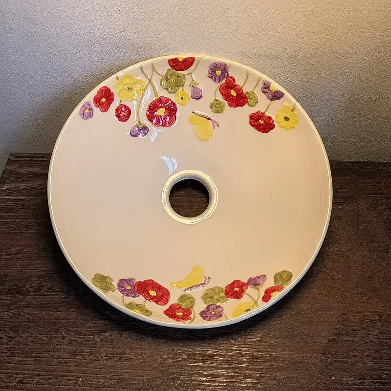 White ceramic floral cake pan with central hole and colorful butterflies ideal for decorbites ceramic led wall light decor