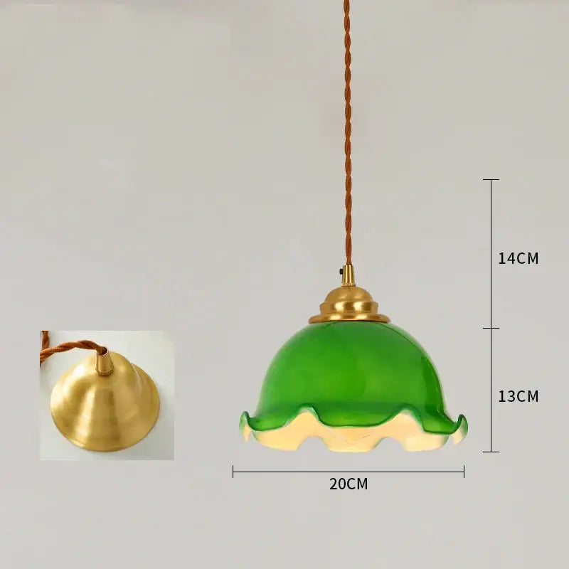 Vintage floral cracked glass pendant light with green glass shade brass fixture and twisted brown cord decorbites cracked glass
