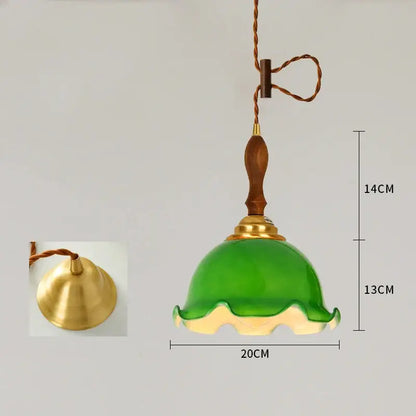 Vintage floral cracked glass pendant light with green glass, wooden handle, and brass accents for living room decorbites cracked glass